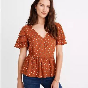 Madewell Tiered-Sleeve Peplum Top in Inkspot Dot